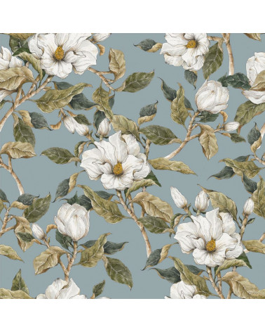 Echantillon papier peint - Magnolias blancs - fond bleu