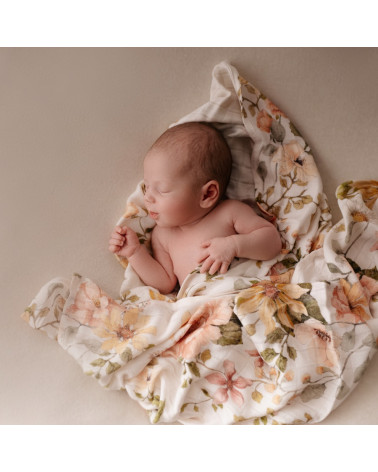 Lange en mousseline de bambou, motif fleurs jardin anglais