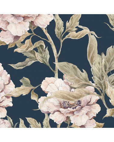 Papier peint enfant pivoines fond bleu foncé