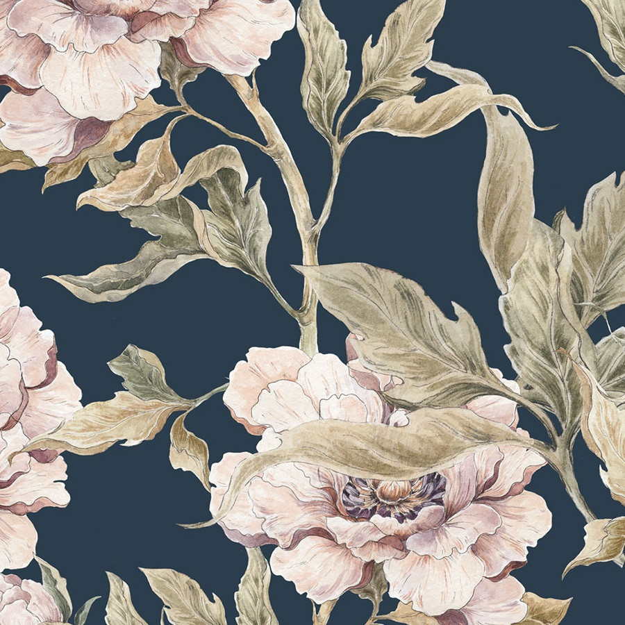 Papier peint enfant pivoines fond bleu foncé