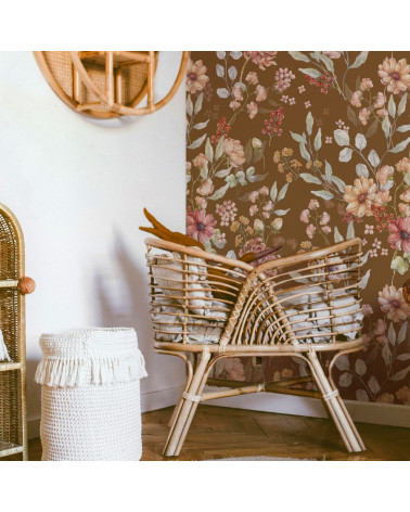 Papier peint fleurs d'automne fond marron