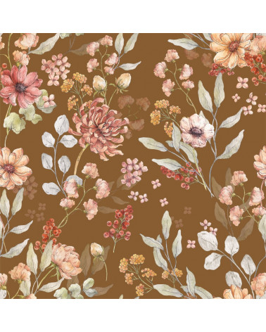 Echantillon papier peint fleurs d'automne fond marron