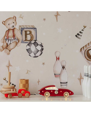 Papier peint Ourson Théodore et ses jouets - fond beige