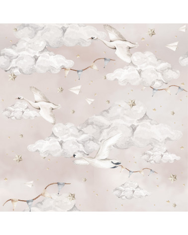 Échantillon papier peint cygnes fond rose