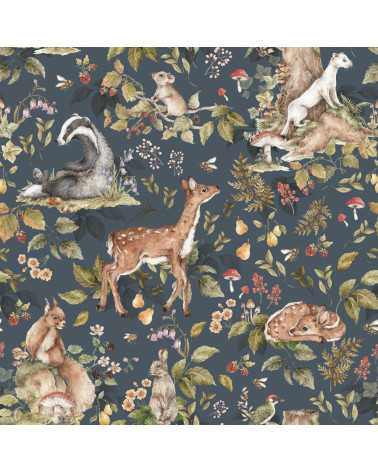 Echantillon papier peint - animaux mignons de la foret fond sombre