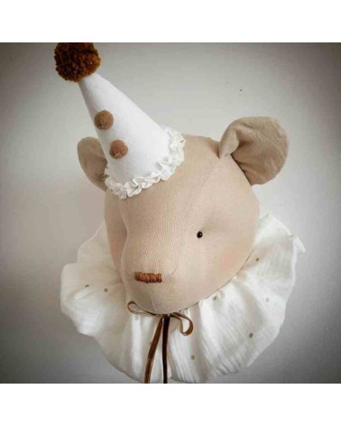 Trophée ours en lin - beige avec col crème