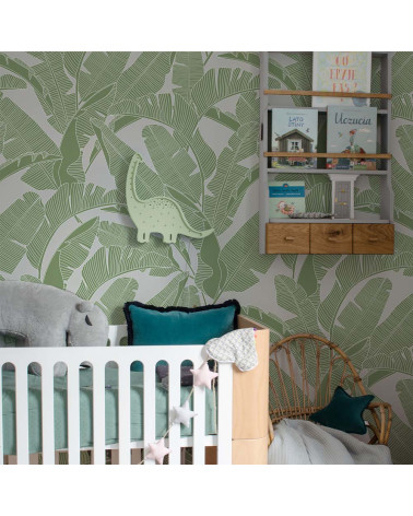 Papier peint feuilles de bananier gris et vert