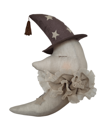 Lune en lin à suspendre, beige avec chapeau marron