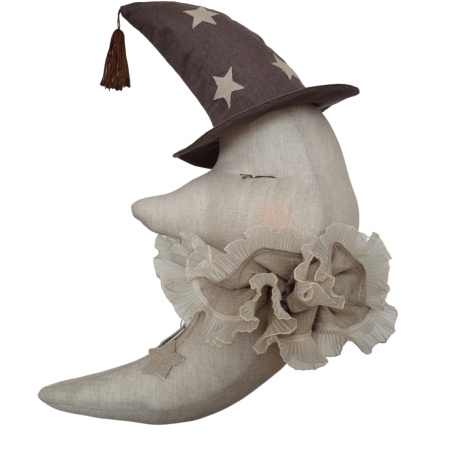 Lune en lin à suspendre, beige avec chapeau marron