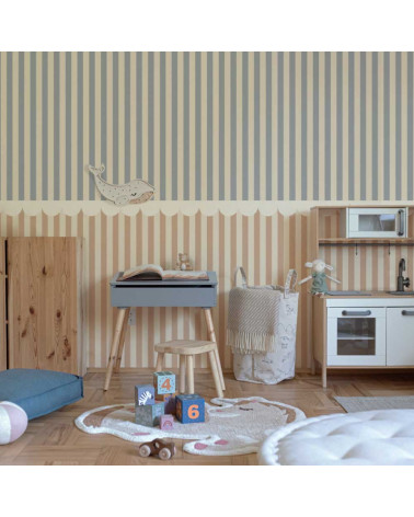 Papier peint enfant à rayures - beige foncé et bleu
