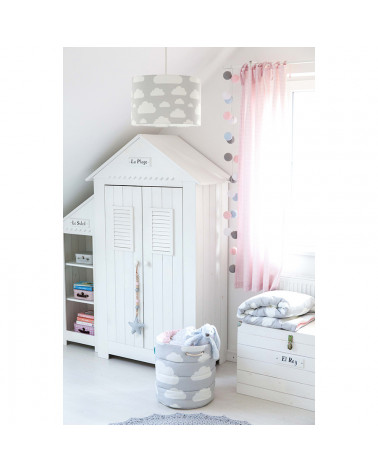 panier à jouets nuages gris chambre