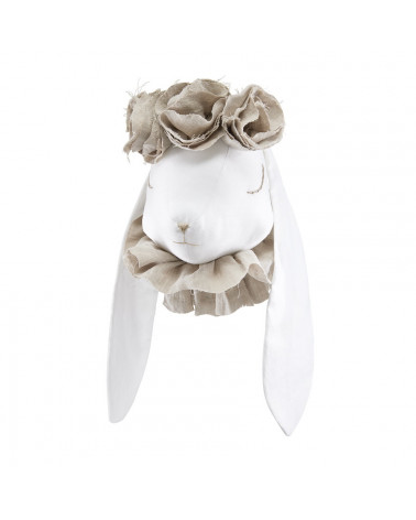 Trophée lapin en lin avec fleurs beige