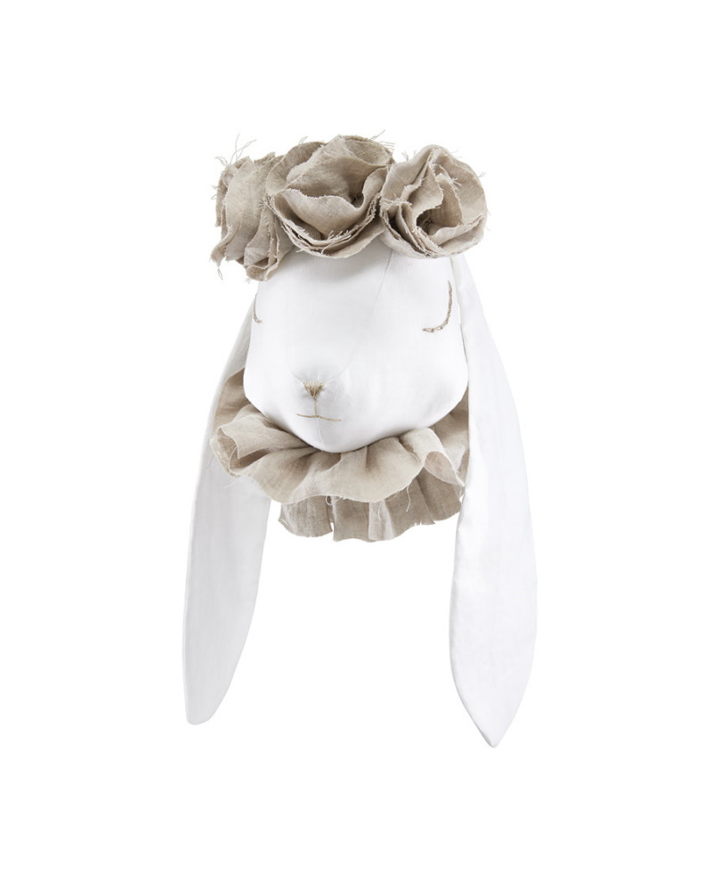 Trophée lapin en lin avec fleurs beige
