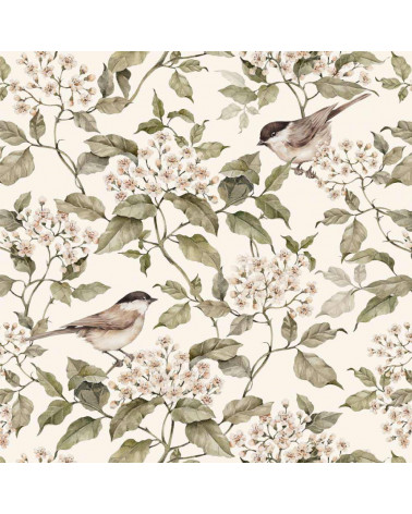 Echantillon papier peint oiseaux et printemps beige