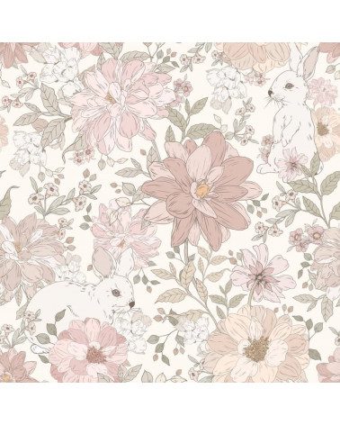 Echantillon papier peint lapins et fleurs rose