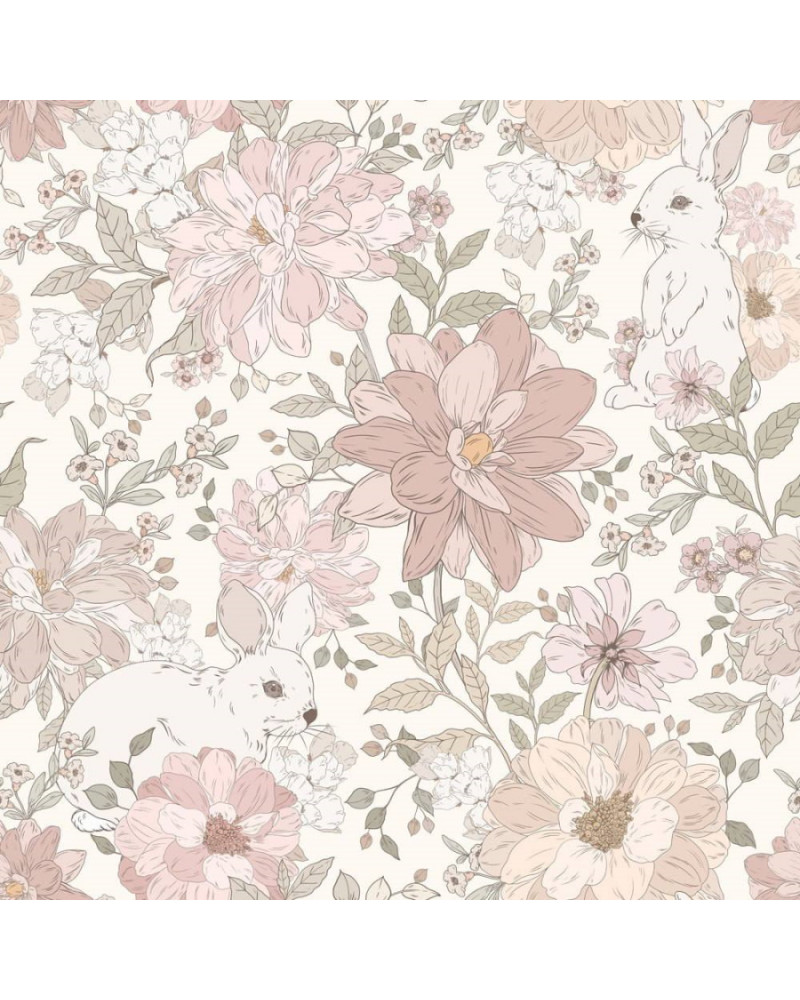 Echantillon papier peint lapins et fleurs rose