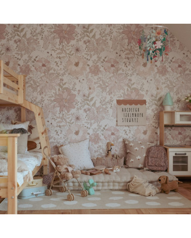Papier peint  enfant- lapins et fleurs roses