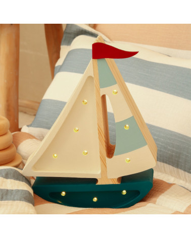 Mini veilleuse en bois - voilier bleu marine