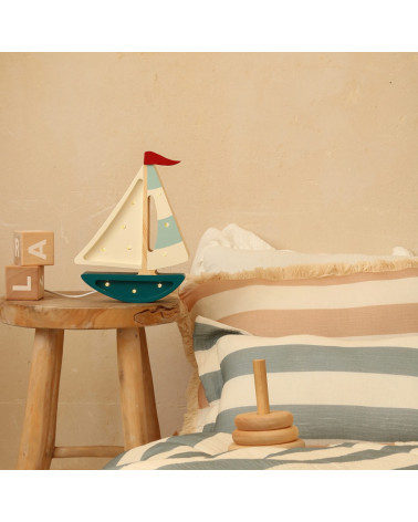 Mini veilleuse en bois - voilier bleu marine