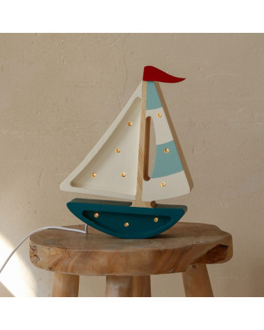 Mini veilleuse en bois - voilier bleu marine