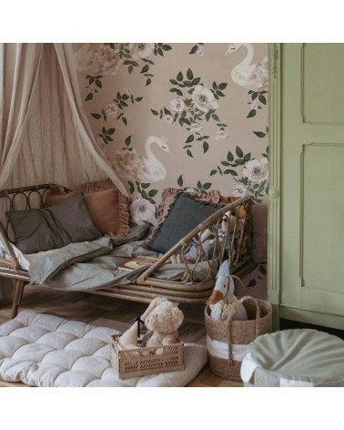 Papier peint enfant royaume des cygnes fond beige