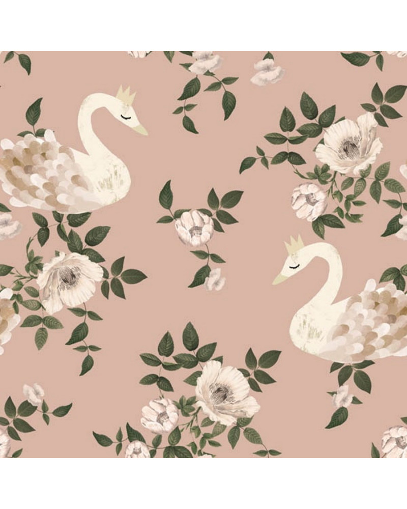 Papier peint enfant royaume des cygnes fond rose