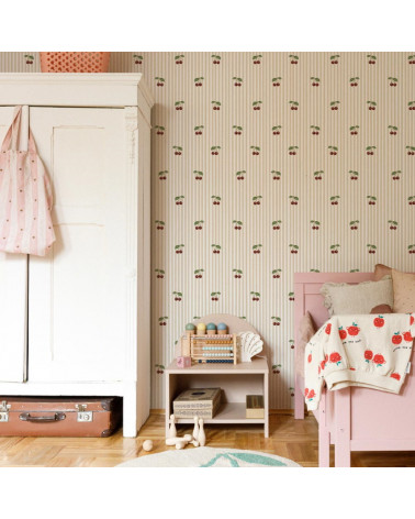 Papier peint enfant à rayures rose avec cerises