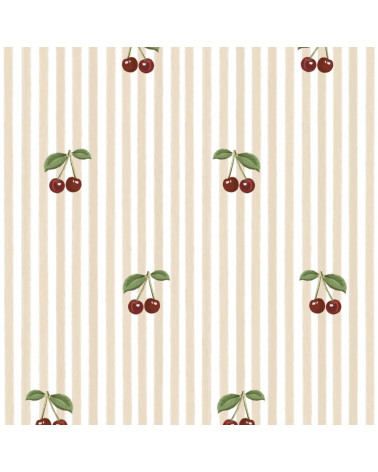 Papier peint enfant à rayures rose avec cerises