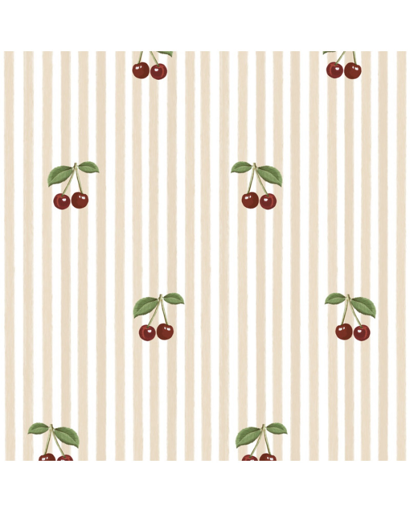 Papier peint enfant à rayures rose avec cerises