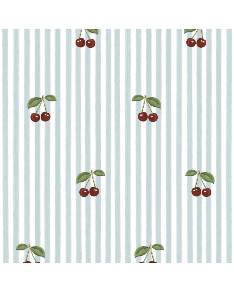 Papier peint enfant à rayures bleues avec cerises