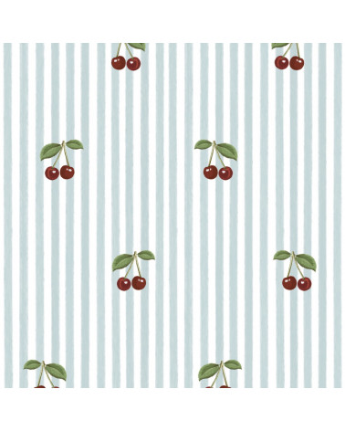 Papier peint enfant à rayures bleues avec cerises