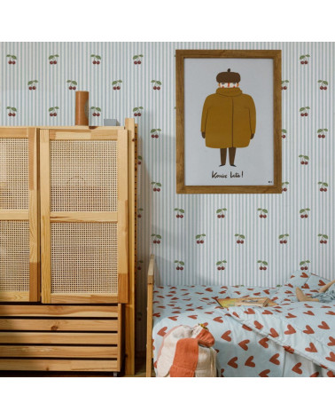 Papier peint enfant à rayures bleues avec cerises