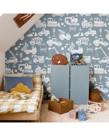Papier peint enfant chantier de construction - bleu