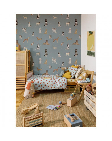 Papier peint enfant chiens - fond bleu