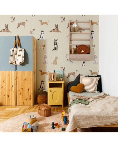 Papier peint enfant chiens - fond beige à pois