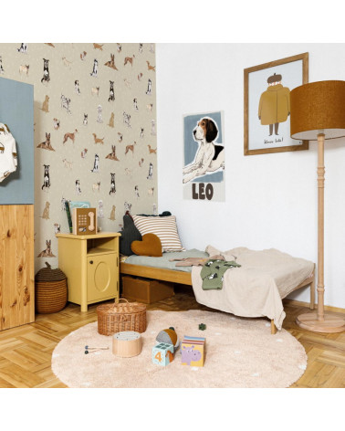 Papier peint enfant chiens - fond beige à pois