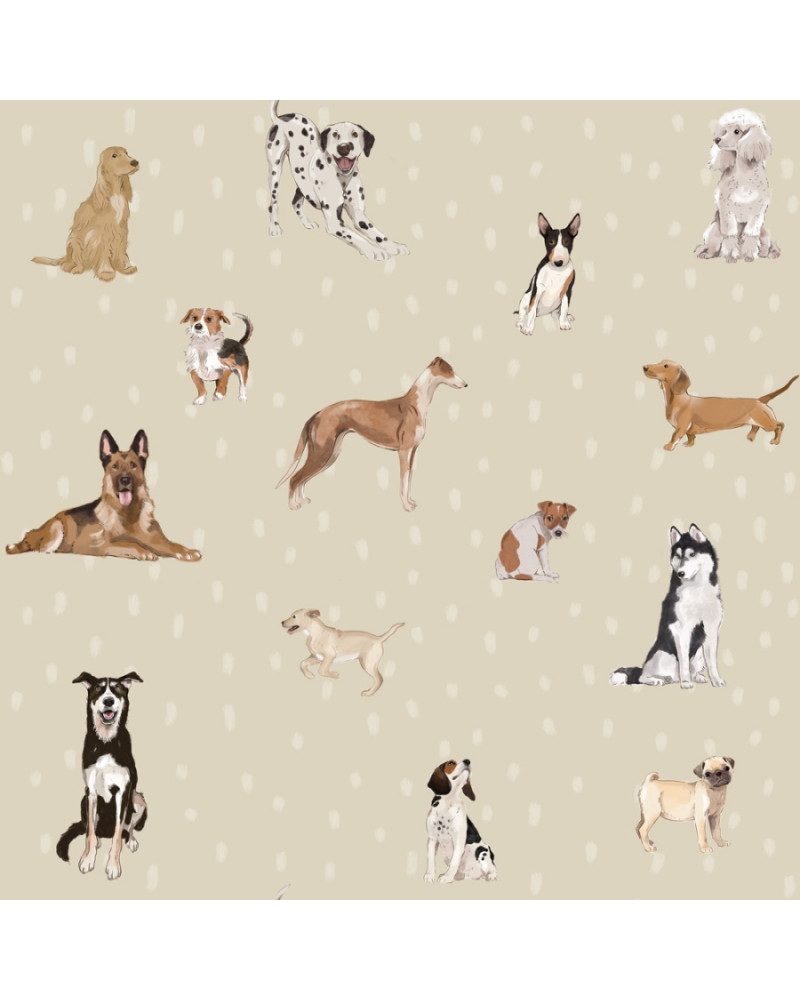 Papier peint enfant chiens - fond beige à pois