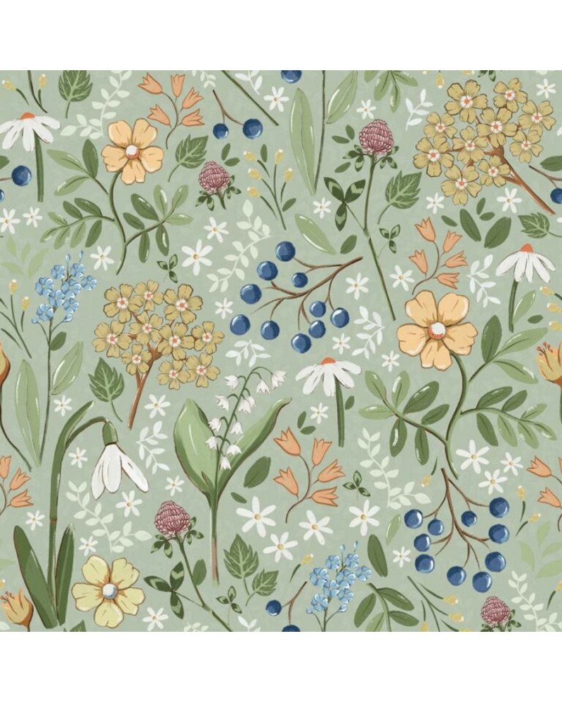 Papier peint enfant champ de fleures dans les tons verts