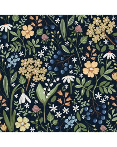 Papier peint enfant fleurs de champs dans les tons bleu foncé