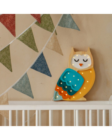 Lampe veilleuse en bois hibou bleu moutarde