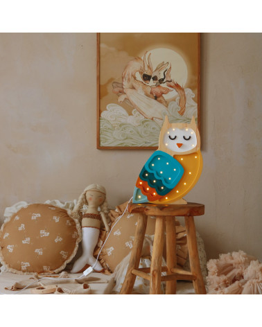 Lampe veilleuse en bois hibou bleu moutarde