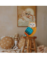 Lampe veilleuse en bois hibou bleu moutarde