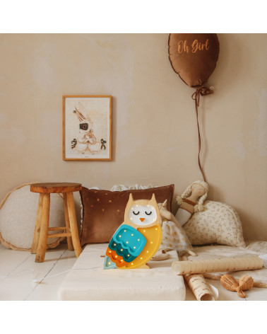 Lampe veilleuse en bois hibou bleu moutarde