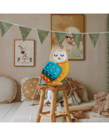 Lampe veilleuse en bois hibou bleu moutarde