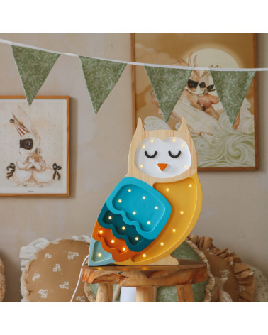 Lampe veilleuse en bois hibou bleu moutarde