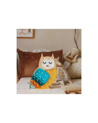 Lampe veilleuse en bois hibou bleu moutarde