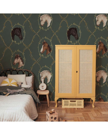 Papier peint enfant chevaux - fond vert profond