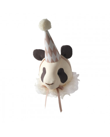 Trophée panda couleur vanille en lin avec chapeau