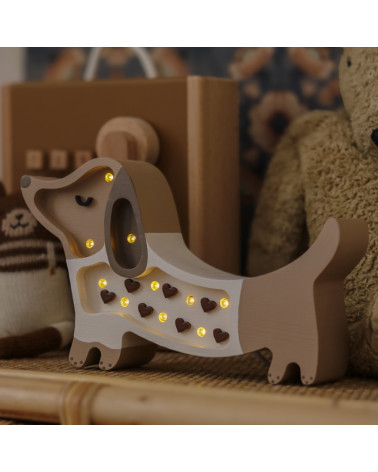 Lampe veilleuse en bois mini chien - cœurs chocolat
