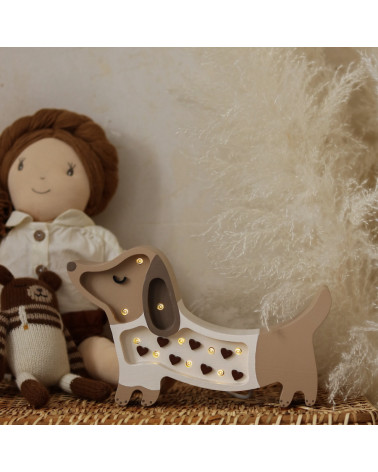 Lampe veilleuse en bois mini chien - cœurs chocolat